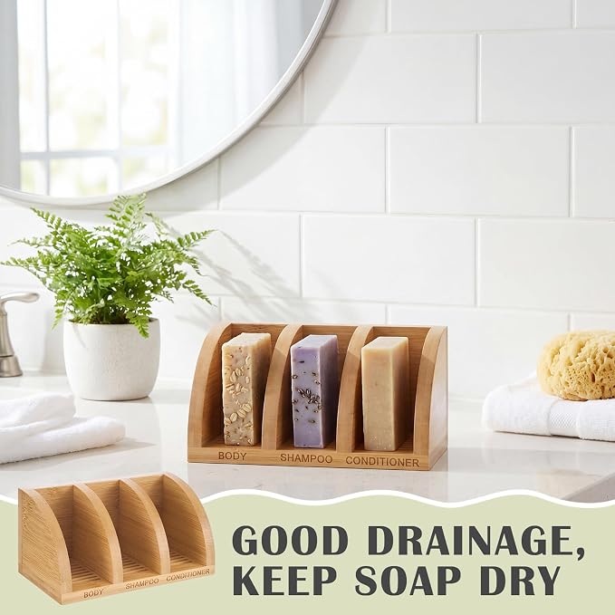 Bamboo Shampoo Bar Holder Multi Bar Soap Dish with Self Draining, 3 Slot, Natural Soap Holder for Shower Conditioner Bathroom Organizer, Keep Dry, 6.3 x 3.3 x 3.1 Inch