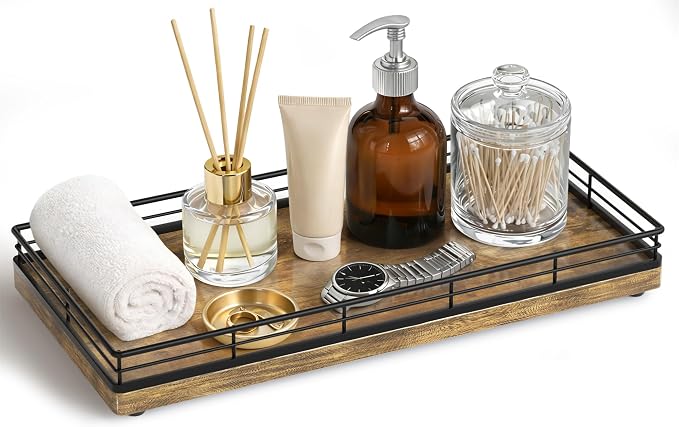 Bathroom Vanity Tray for Countertop, 12" x 6" Wood Toilet Tank Tray | Metal Guardrail, Bathroom Organizer for Soap, Perfume & Skincare, Non-Slip Decorative Tray for Dresser, Black & Rustic Brown