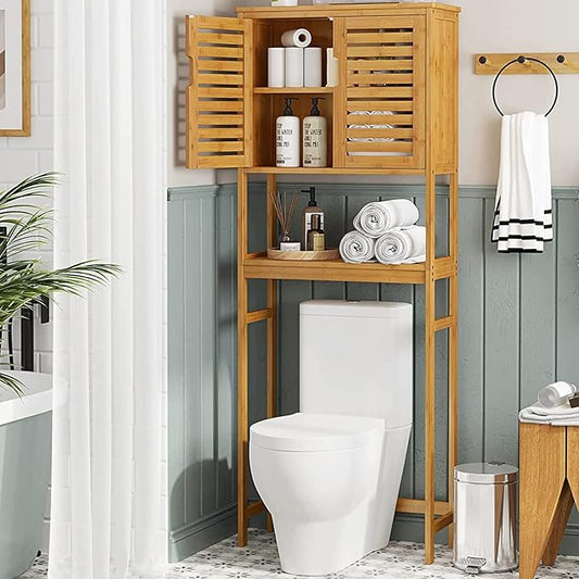 Over The Toilet Storage Cabinet, Tall Bathroom Cabinet Organizer with Cupboard and Adjustable Shelves, Freestanding Toilet Shelf Space Saver Rack Stand for Laundry Room, Balcony, Bamboo