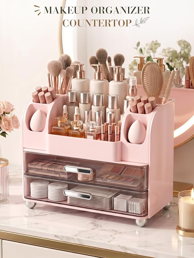 Large Makeup Organizer Countertop for Vanity Skincare Organizers | Waterproof Perfumes Organizers with 2 Drawers and Brushes Holders, Cosmetic Storage for Lipsticks,Eyeshadow Palettes, Pink