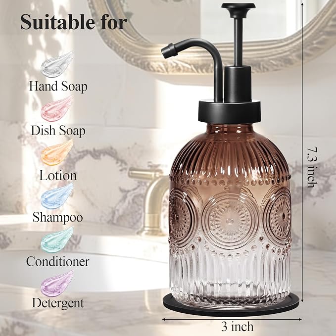SheeChung 12oz Vintage Glass Soap Dispenser with Black Pump, Brown, 1 Pack | Refillable Dish and Hand Soap Dispenser for Bathroom Kitchen, Rustic Liquid Lotion Bottle,BPA-Free,Funnel,Mat,Farmhouse Decor