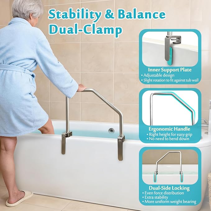 Bathtub Rail Safety Grab Bar, Clamp on Tub Handles for Seniors, Adjustable Bath Tub Rails for Elderly Adults Support Bars Shower No Drill, Handicap Bathtub Helper Railing for Side of Tub
