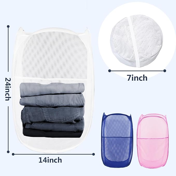 Pop Up Laundry Hamper, Mesh Laundry Basket Collapsible, Foldable Hamper for Travel and Storage, 3 Pack (White+Pink+Blue)