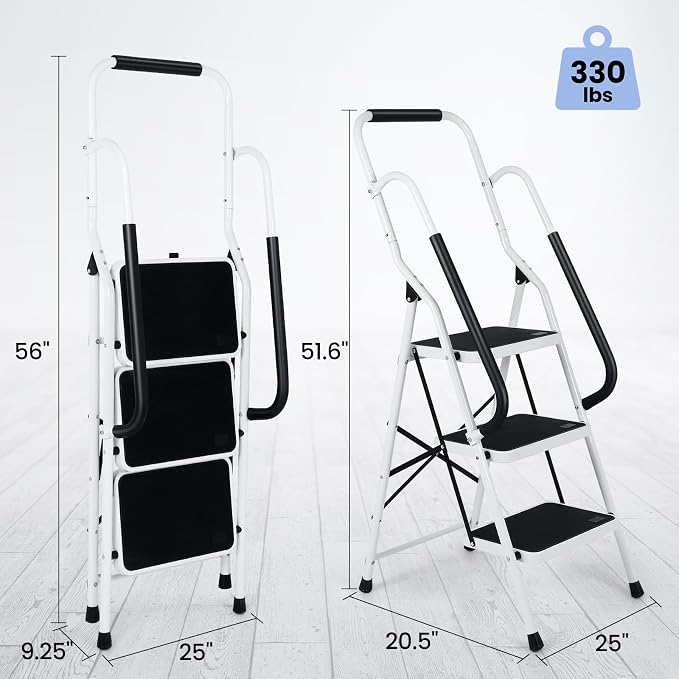 Step Ladder 3 Step Folding with Handrails, Folding Step Stool with Wide Anti-Slip Pedal, Sturdy Steel Portable Ladder, Lightweight Step Stool Foldable for Library Home Garage Office