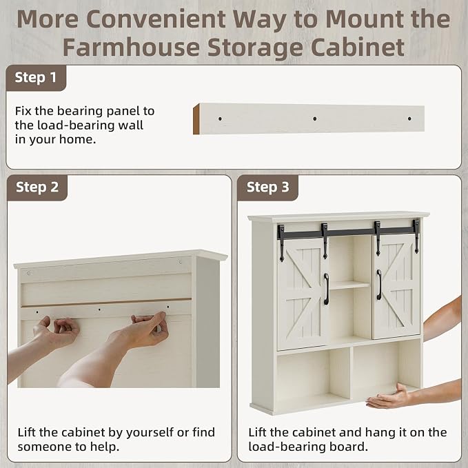 Vabches Bathroom Wall Cabinet, Farmhouse Medicine Cabinet, White | Wooden Vintage Storage Cabinet Wall Mounted with Double Sliding Barn Door and Adjustable Shelf for Bathroom, Kitchen