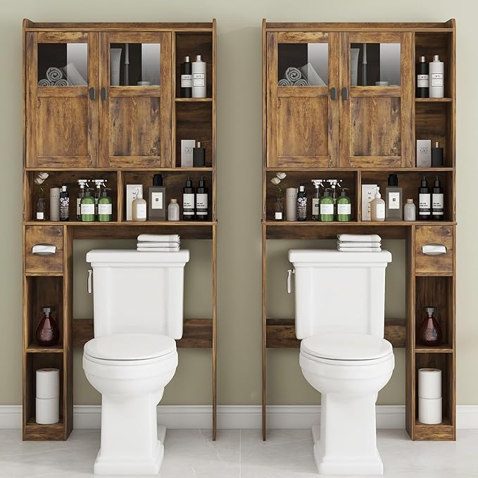 Vabches Over The Toilet Storage Cabinet with Doors and Shelves, Brown | Freestanding Home Space Save Toilet Rack, with Adjustable Shelves for Restroom, Bathroom, Laundry