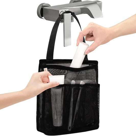 famichan Portable Mesh Shower Caddy, Gym Travel Camp Dorm Room Essentials for College Student Boy Girl, Bathroom Shower Bag - Black
