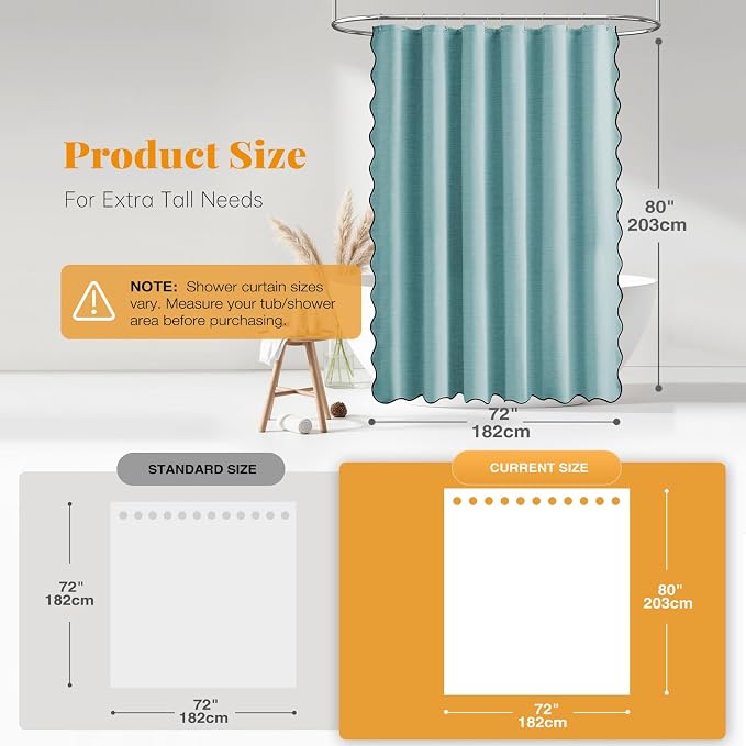 72x80 Boho Scalloped Linen Textured Cloth Shower Curtain Set, Teal | Long Size, 230GSM Waterproof Polyester, Heavy Duty Fabric, 12 Plastic Hooks, Elegant Modern Farmhouse Style, Machine Washable