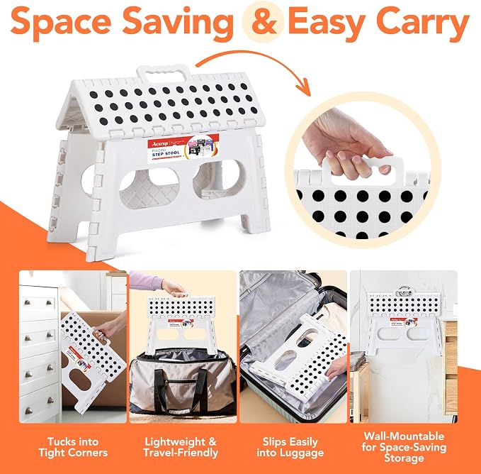 9 Inch Folding Step Stool, 15 Inch Extra-Wide, 300 lbs, White | Non-Slip Heavy Duty Foldable Step Stool for Kids and Adults, Extra-Wide for Comfort and Stability, for Bathroom and Kitchen