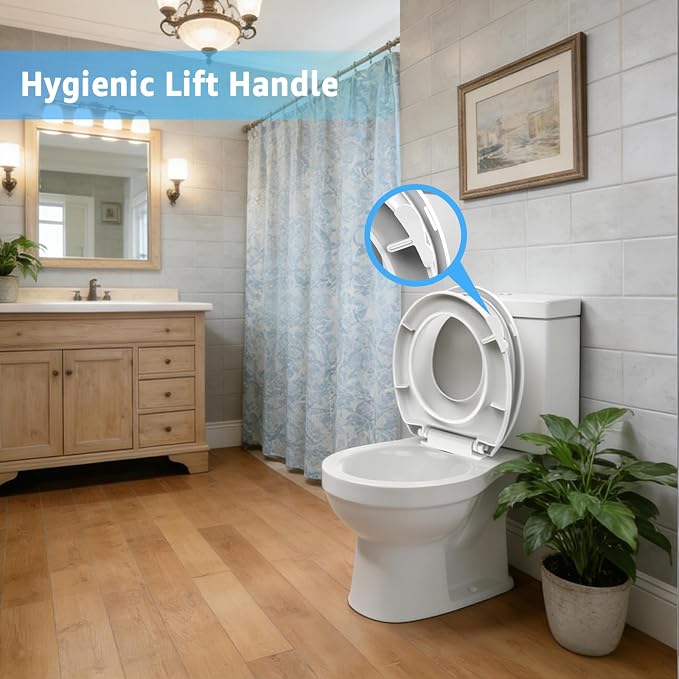 Huttdmel Round Toilet Seat with Toddler Seat Built In, 2 in 1 Adult & Child, Soft Close Quiet Lid, Magnetic Child Seat, Top & Bottom Mount, Never Loosen Hinges, Fits Standard Round Toilets, White
