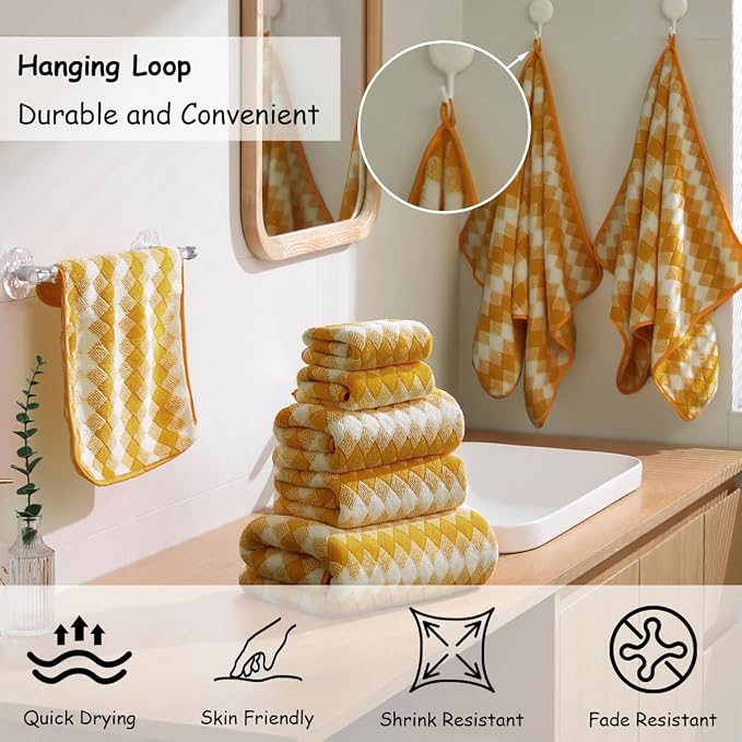 12 Pcs Ginger Yellow White Diamond Towel Set-4 Bath Towels,4 Hand Towels,4 Washcloths Soft Polyester Bath Towel with Loop Absorbent Shower Towel Quick Dry Family Towels for Bathroom Spa Gym