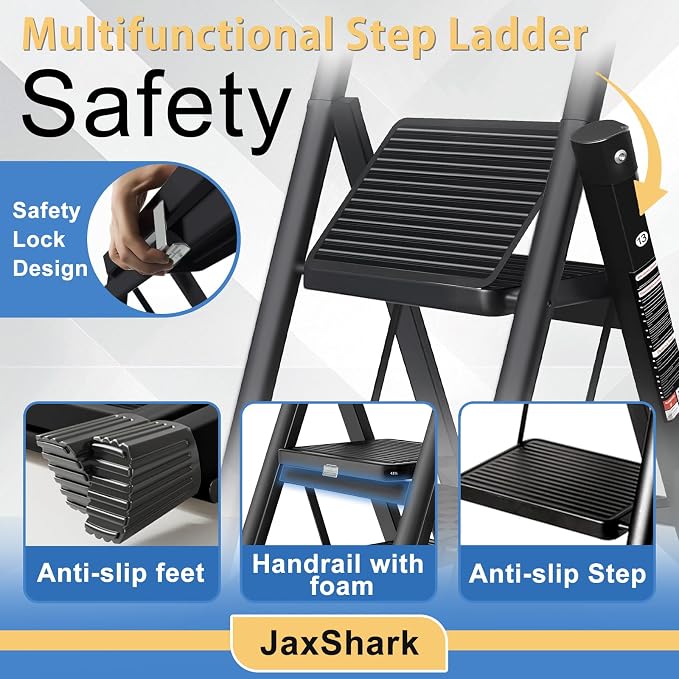 4 Step Ladder Folding Step Stool Sturdy Carbon Steel Frame | Anti-Slip Thick Pedal & Feet Portable for Home Kitchen Garage (black-4step)