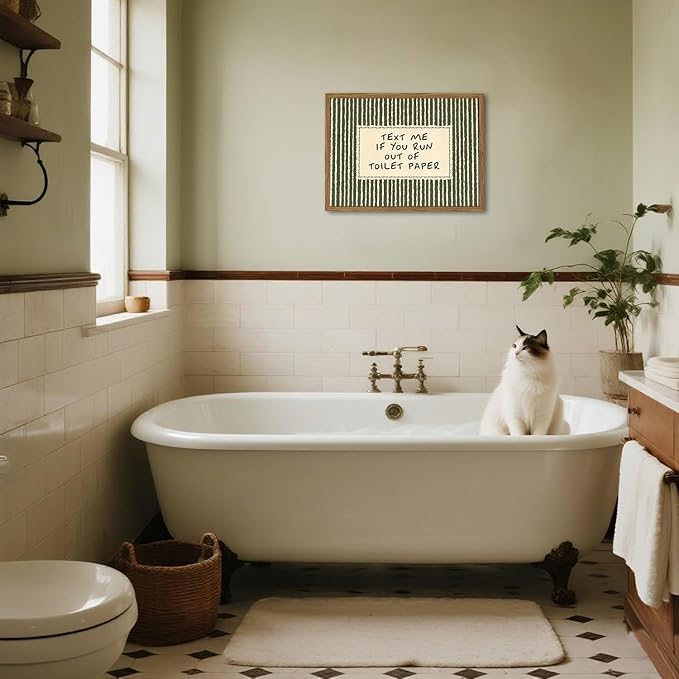 Funny Bathroom Wall Art Text Me If You Run Out of Toilet Paper Sign Wall Decor Picture Vintage Quirky Quote Striped Restroom Poster Canvas Painting Prints 24x16 inch Wood Framed