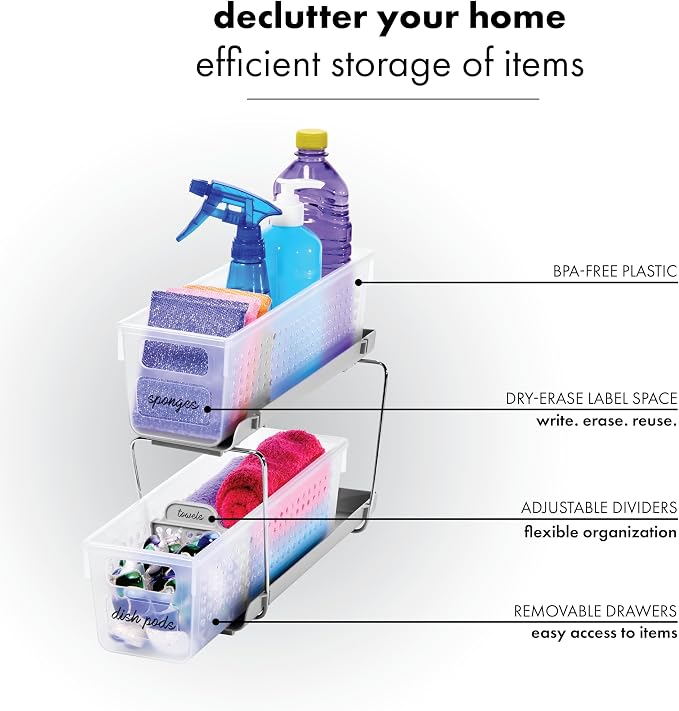 madesmart Mini 2-Tier Organizer, Multi-Purpose Slide-Out Storage with Handles and Dividers for Home and Bath, Frost | pull out bins, adjustable dividers, tiered access, cleaning supplies, under sink use, pantry bottles, woman owned