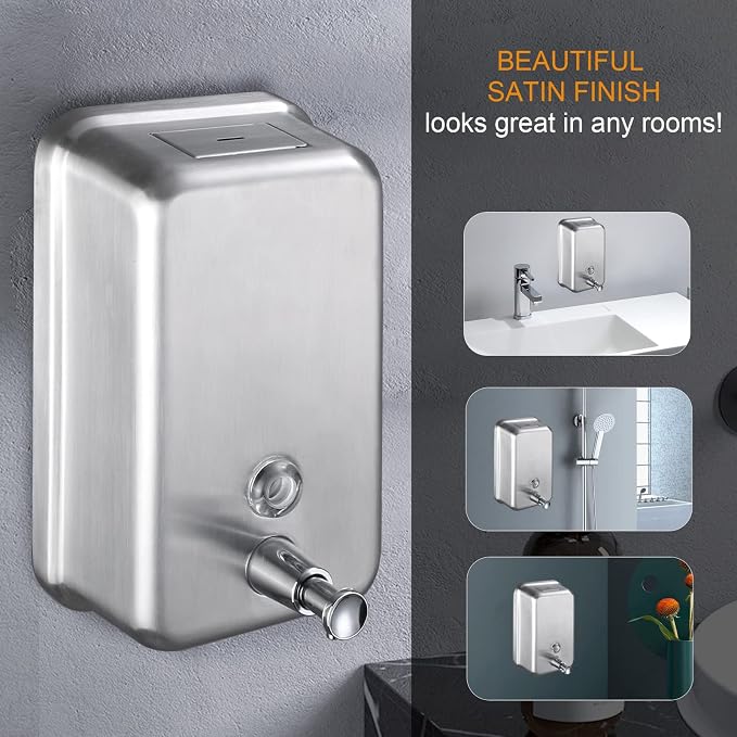 Commercial Soap Dispenser Wall Mount Stainless Steel, Vertical | Rust-Proof Lining and Anti-Leak Pump Liquid Hand 1100ml / 37oz.