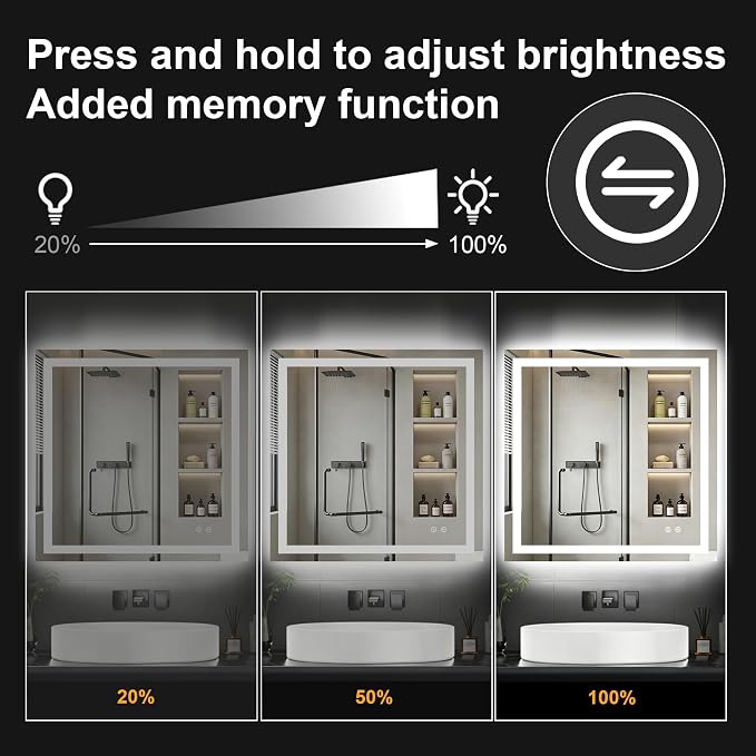 30x30 LED Bathroom Mirror with Lights, Lighted Vanity Mirror for Wall | Front and Backlit, Anti Fog, Dimmable 3 Color Lighting, Memory Function, Shatter Resistant Glass, Plug in or Hardwired