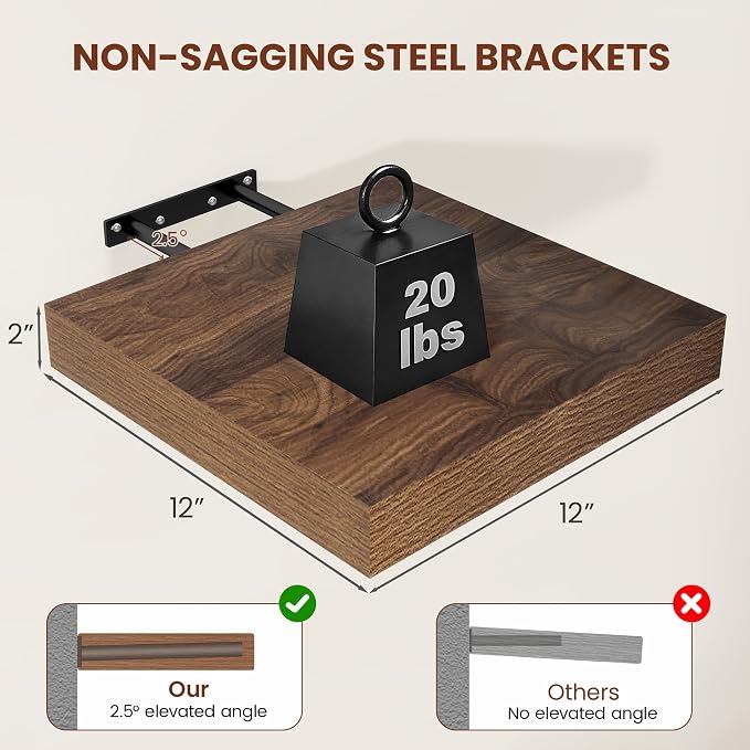 Vivelove Square Floating Shelves 12x12” Set of 2, Walnut | Easy Install with Hardware, Invisible Brackets, No Sagging, Living Room Display Shelf, 2" Thick，Engineered Wood