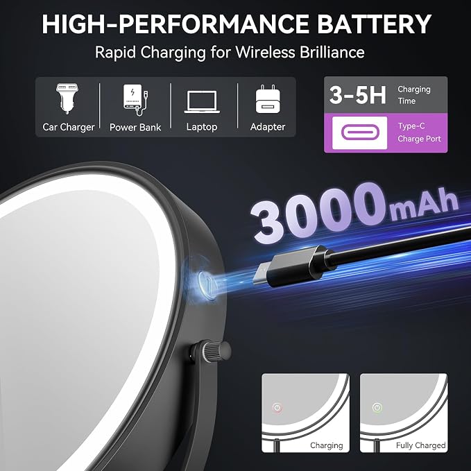 Auxmir 9" 1X/30X Lighted Makeup Mirror, Rechargeable Maginfying Mirror | 3 dimmable colors, 14.9-18.5 in adjustable height, 3000mAh, 360°rotation, stable storage base, 30X magnification, Black