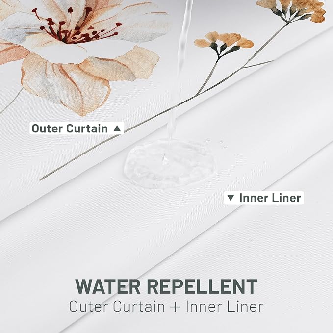 No Hook Floral Shower Curtain with Liner, Coral, 71x74 | Snap in Liner, 3 in 1, Water Repellent, Easy Install, Machine Washable, Hotel Style for Bathroom, Watercolor Pattern