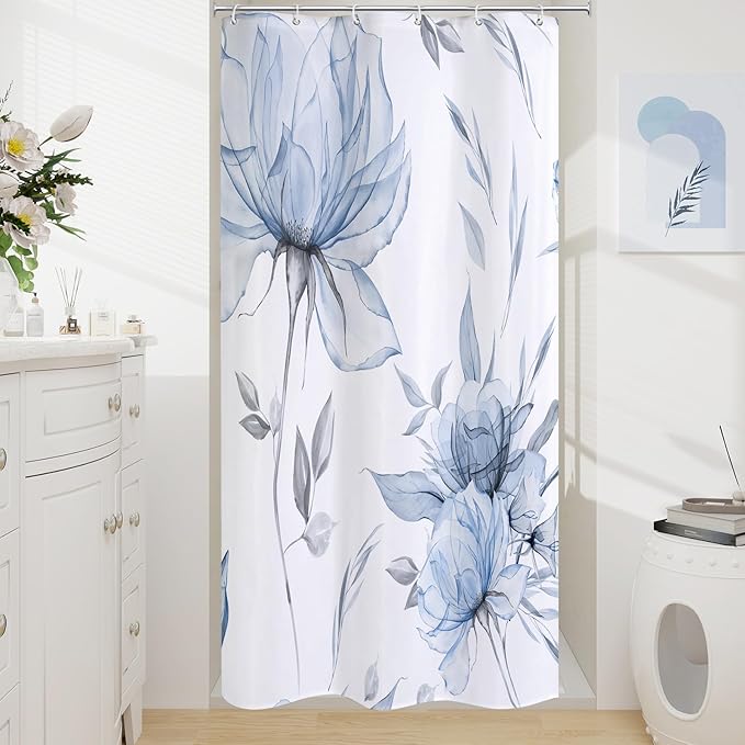 Litabel Small Stall Boho Watercolor Floral Shower Curtain 36 x 72, Blue and Grey Ink Painting Style Flower Shower Curtains for Chic Elegant Bathroom, Artistic Narrow Half Size Shower Curtain