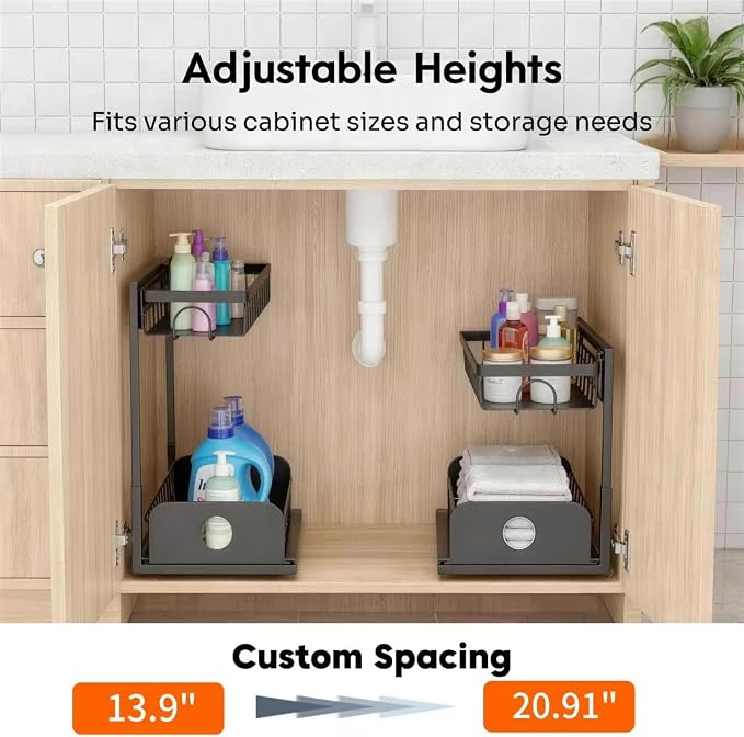 Under Sink Organizer, 1 Pack Under Kitchen Cabinet Organizer, Height Adjustable Pull Out Mute Slide-Out 2 Tier Metal Under Sink Storage for Bathroom, Pantry, Kitchen & Bedroom (Black, 1 Pack)