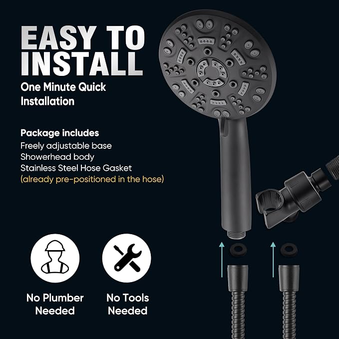 Cobbe 8-Setting Handheld Shower Head, Water-Saving Design, Matte Black | Trickle Pause Mode, 5ft Stainless Steel Hose, Brass Swivel Bracket, Tool-Free Installation
