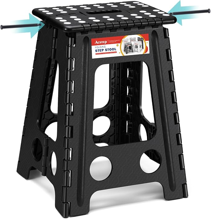 17.5 Inch Heavy Duty Folding Step Stool for Adults, 400 lbs, Black | Collapsible Stepping Stool for Adults with Handle and Non-Slip Surface, for Kitchen, Garage, Bedroom and Outdoor Tasks