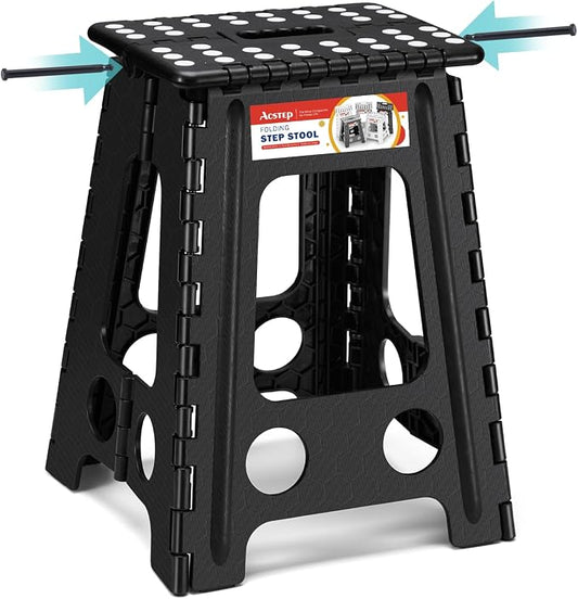 17.5 Inch Heavy Duty Folding Step Stool for Adults, 400 lbs, Black | Collapsible Stepping Stool for Adults with Handle and Non-Slip Surface, for Kitchen, Garage, Bedroom and Outdoor Tasks