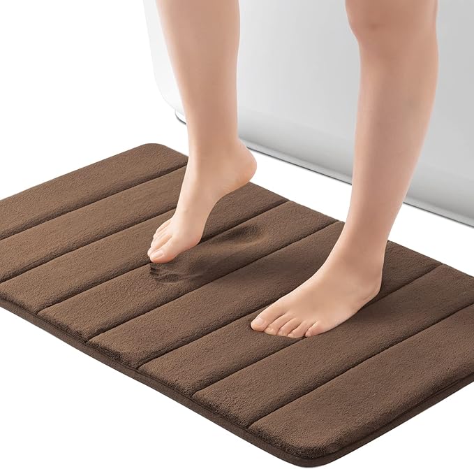ROSMARUS Memory Foam Bath Mat, 20''x32'', Brown | Water Absorbent, Ultra Soft, Non Slip, Thick Foam, Bathroom Rugs for Floor & Tub, Machine Washable Care