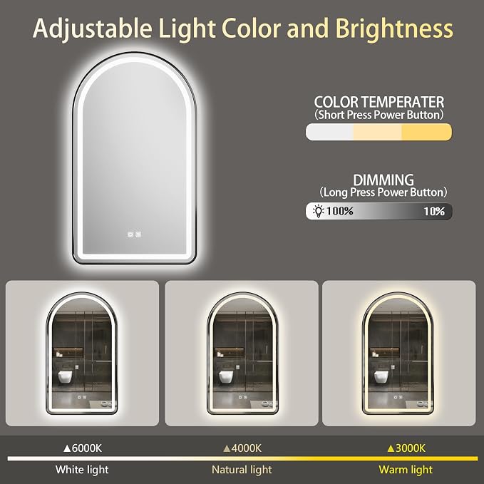 Arched Bathroom Mirror 24"x36", Black, LED Tempered Glass | arch led bathroom mirror black wall mounted vanity lighted tempered glass dimmable anti fog metal frame