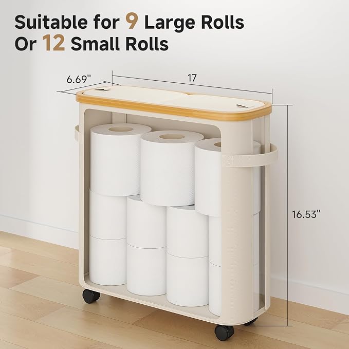 Toilet Paper Storage Basket with Lid, Bathroom Toilet Paper Holder, Beige | Bathroom Toilet Paper Organizer for 9-12 Rolls Large Capacity, Foldable Fabric Bamboo Toilet Paper Container with Pockets,