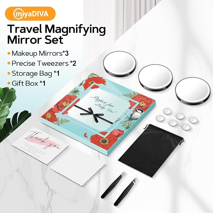 MIYADIVA Magnifying Mirror Set, 20x&30x&40x Suction Cup Makeup Mirror, 2 Tweezers & Storage Bag, 3.5 Inch Compact Mirror for Travel, Bathroom, Home, Gifts for Women