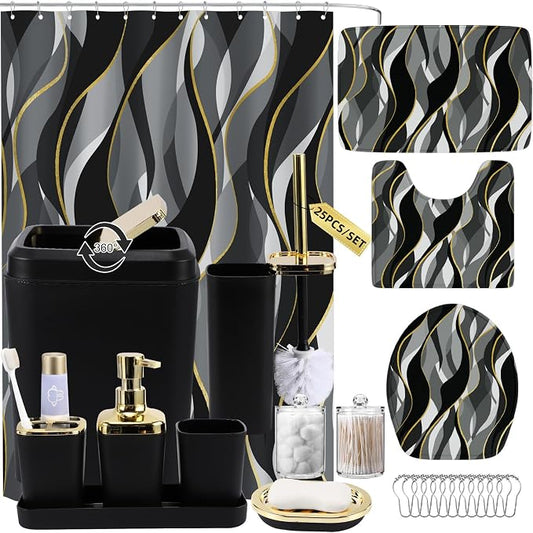 XLHOMO Bathroom Set - Black and Gold Bathroom Accessories, Bathroom Sets with Shower Curtain and Rugs, Black Shower Curtain Set with Bathroom Trash Can, Soap Dispenser, Soap Dish for Home Decor