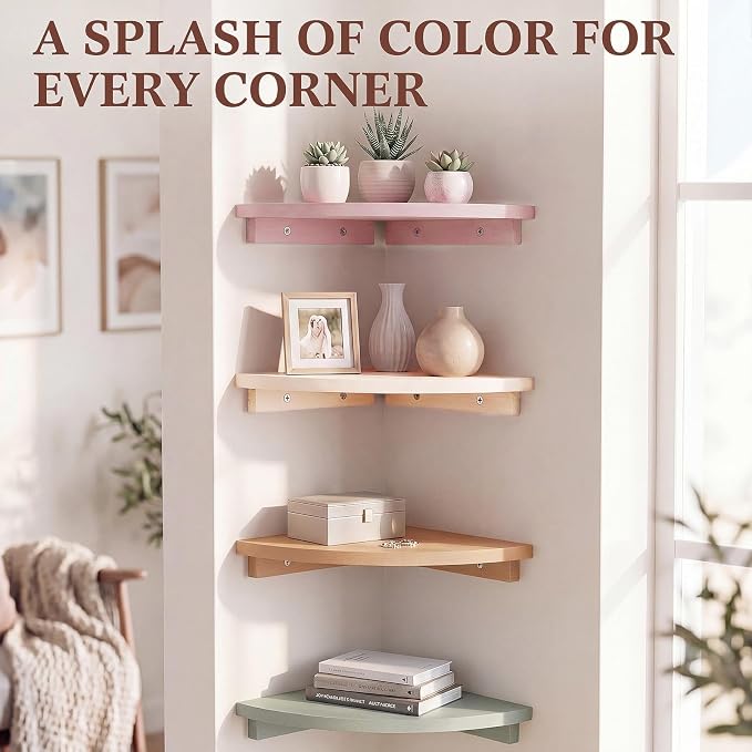RattanView Morandi Floating Corner Shelf Set of 4, Colorful Rounded Shelves Wall Mounted for Bathroom Bedroom Kitchen, Soft Wood Corner Shelves for Small Spaces Apartment Decor