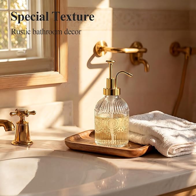 SheeChung 12oz Vintage Glass Soap Dispenser with Gold Pump, Clear, 1 Pack | Refillable Dish and Hand Soap Dispenser for Bathroom Kitchen, Rustic Liquid Lotion Bottle,BPA-Free,Funnel,Mat,Farmhouse Decor