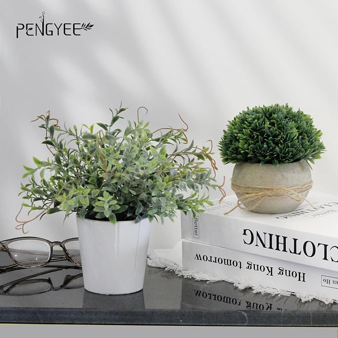 4 Pack Small Fake Plants in White Pulp Pot for Home Decor | Lifelike, Easy to Clean, for Bathroom Shelf Farmhouse Desk Decor, No Watering, 4 Mix-and-Match Styles