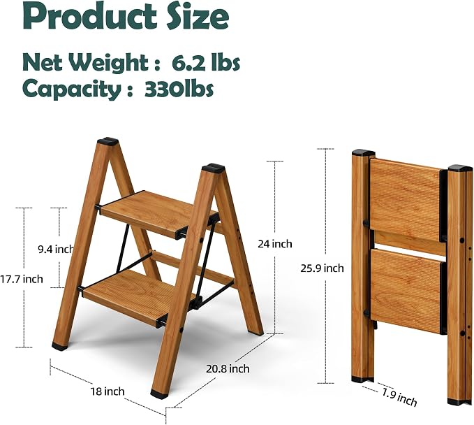 Taranta 2 Step Stool Foldable,Aluminum Step Ladder-Woodgrain | Lightweight,Wide Anti-Slip Pedals,Folding Step Stool,330lbs Capacity Stepladder for Household,Kitchen,Office