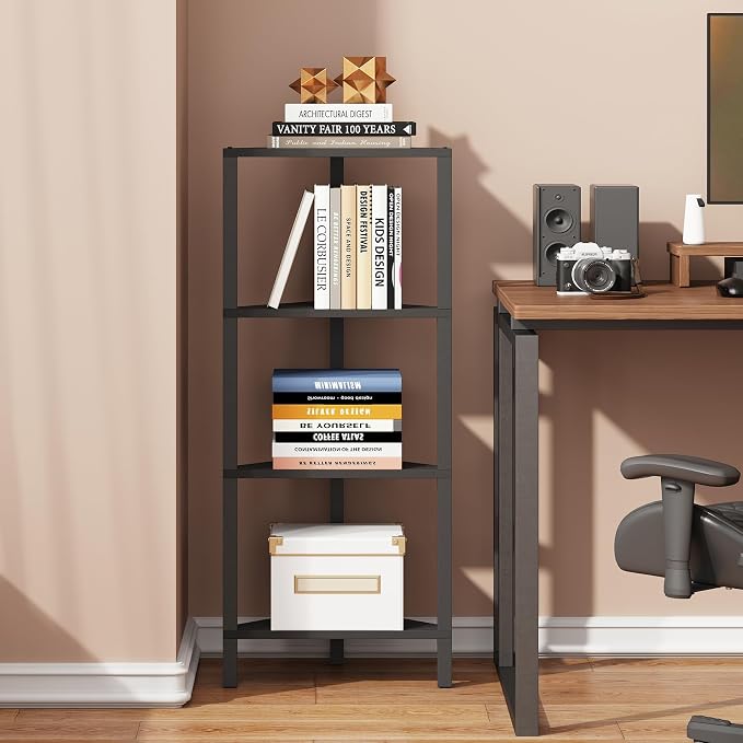 TUTOTAK Corner Shelf, 4-Tier Corner Bookshelf for Small Space | Narrow Display Corner Shelf Stand with Storage Rack, for Living Room, Bedroom, Black BS05BK004
