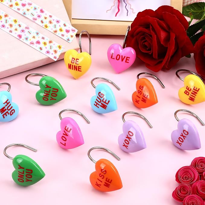 Valentine's Day Shower Curtain Hooks, 12Pcs Heart Shape Rustproof Resin Hooks with Love Messages, Decorative Bathroom Rings for Towel Curtain, 6 Colors