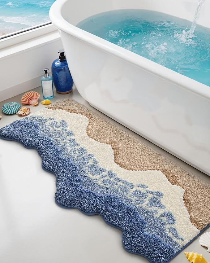 DEXI Cute Bath Mat, Sea Ocean Wave Bathroom Rugs, 43x26 Blue | Soft and Absorbent Microfiber, Non Slip, Machine Washable Bathmat for Shower Floor, Bedroom, Kids Room, Home Decor