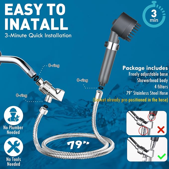 CWPW Filtered Shower Head with Handheld,High Pressure shower heads Filter | ON/OFF Switch,4 Spray,79" Stainless Hose,Remove Chlorine,Built-in Power Wash,For Hard Water, Reduce Dry Skin,Massage Brush