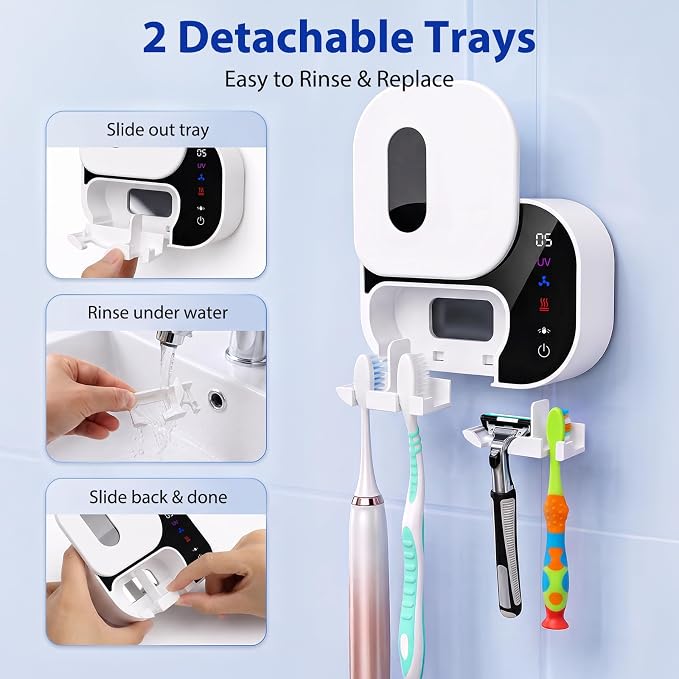 FamilyKit Toothbrush Cleaner Holder, Infrared Sensing & Drying with 2 Slots | Portable Toothbrush Covers Case, Wall Mounted Tooth Brush Holder with LED Smart Display & Hot Air Drying for Home Travel