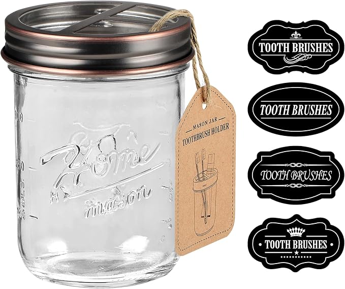 SheeChung Mason Jar Toothbrush Holders, Farmhouse Toothpaste Organizer, 1Pc | Oil Rubbed Bronze Glass Electric Tooth Brush Holder, Bathroom Countertop, Removable Stainless Steel Lid, Rustic Vintage Decor
