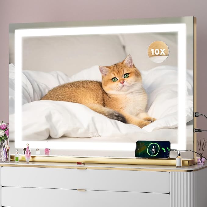 Vanity Mirror with Lights, 32" x 22" LED Makeup Mirror with 10X Magnification, Dimmable 3 Modes, Memory Function, Smart Touch, USB Charging Port, Lighted Makeup Mirror Square Glod