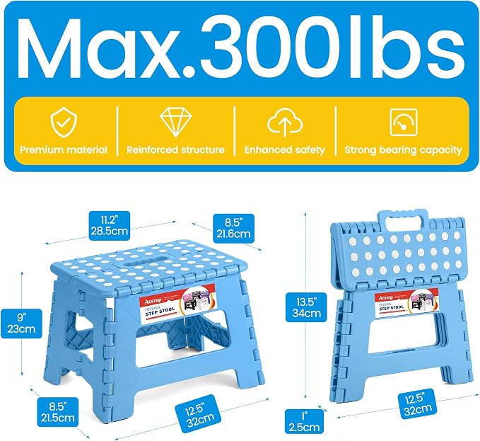 9 Inch Folding Step Stool for Kids and Adults, Holds 300 lb, Blue | Heavy Duty Foldable Stools, Lightweight, Non-Slip, for Toddler, for Kitchen Bathroom Bedroom Outdoor, Collapsible with Handle