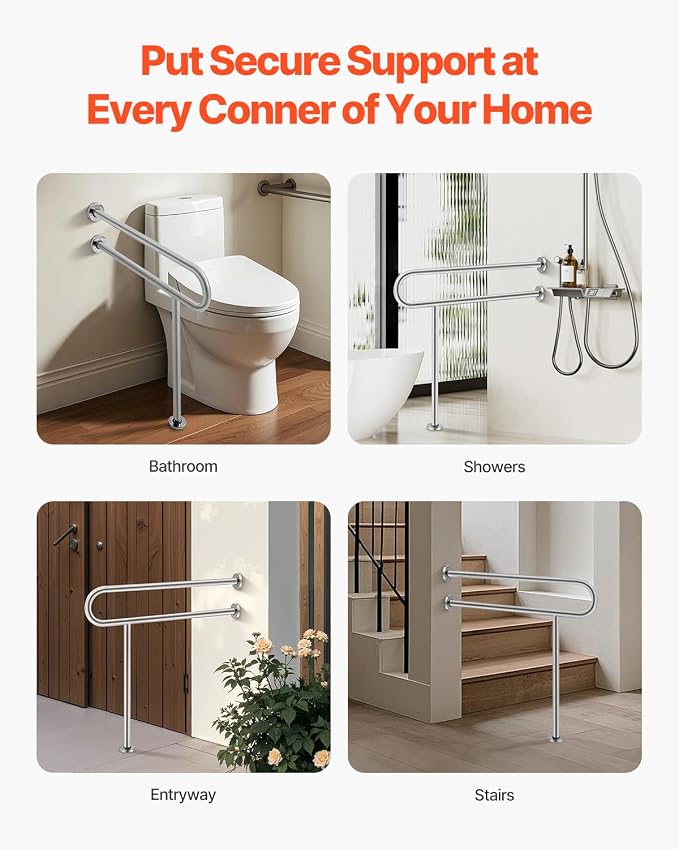 VEVOR Toilet Safety Rail, 31.5 Inch U-Shaped Handicap Grab Bar, 304 Stainless Steel Senior Safety Pole, Toilet Grab Bars with Anti-Slip Handle, 300 Lbs Load Capacity Security Handrail with Support Leg