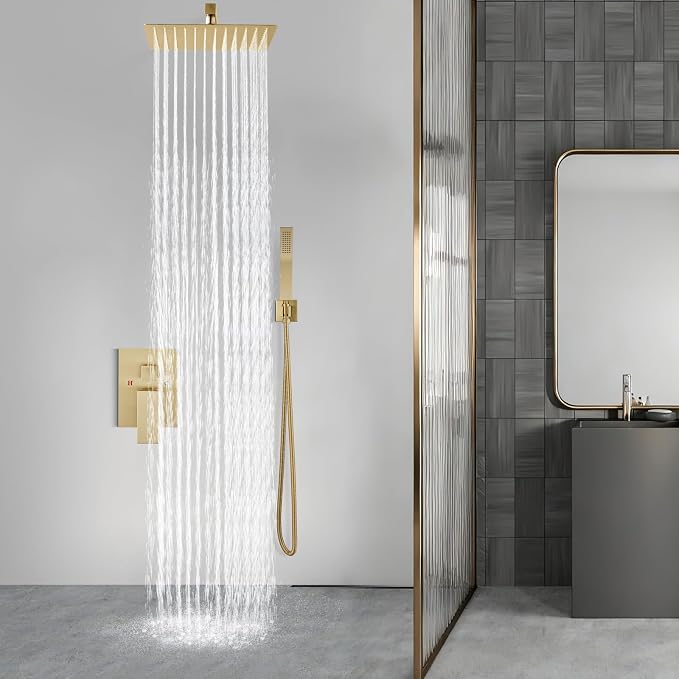 Aolemi Shower Faucet Set with Handheld Brushed Gold 16 Inch Head | Pressure Balance Shower Valve and Trim Kit,SUS304 Rain Head and Handle System,All Metal,Wall Mount,Bathroom,Handheld Spray