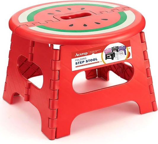 9 Inch Folding Step Stool for Kids, Sturdy Collapsible Step Stool Foldable Up to 300 lbs for Toddlers, Non Slip Foot Stools with Handle for Kitchen, Bathroom, Bedroom, Outdoor, Watermelon Red