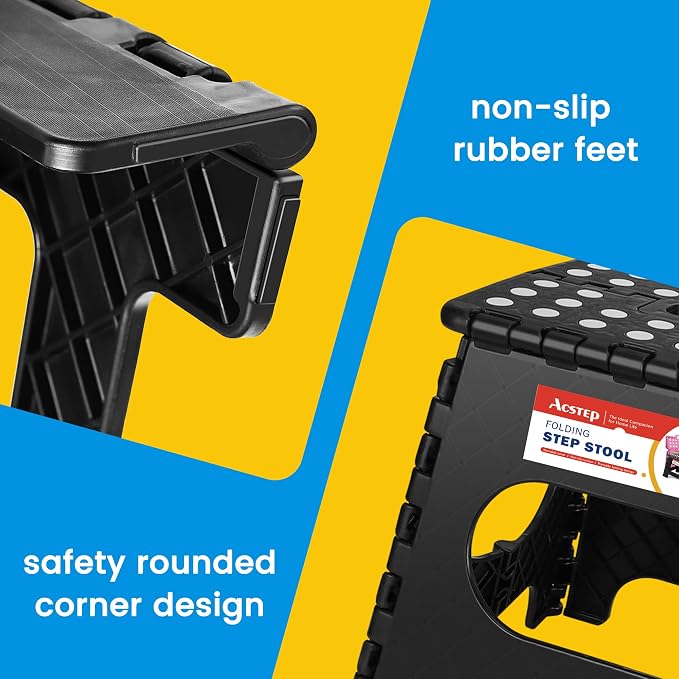 11 Inch Folding Step Stool for Kids, Non-Slip Foldable Stools, Black | Heavy Duty Collapsible Foot Stool, Lightweight with Built-in Handle, Holds 300 lb for Adults Kitchen Bathroom Bedroom Outdoor