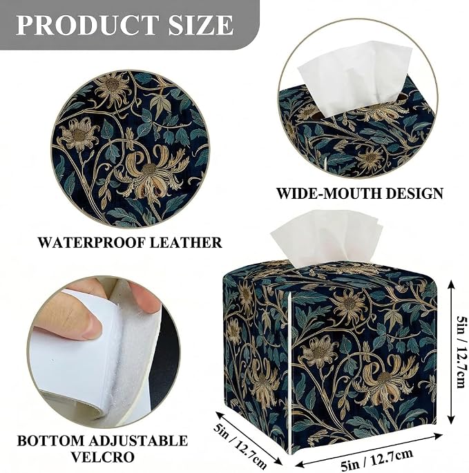 Tissue Box Cover Holder Square - Vintage Boho PU Leather Decorative Organizer, Ethnic Carpet Pattern Design Inspired, with Bottom Belt for Bathroom Car Office Tabletop Home, 5x5 Inch (Golden Flowers)